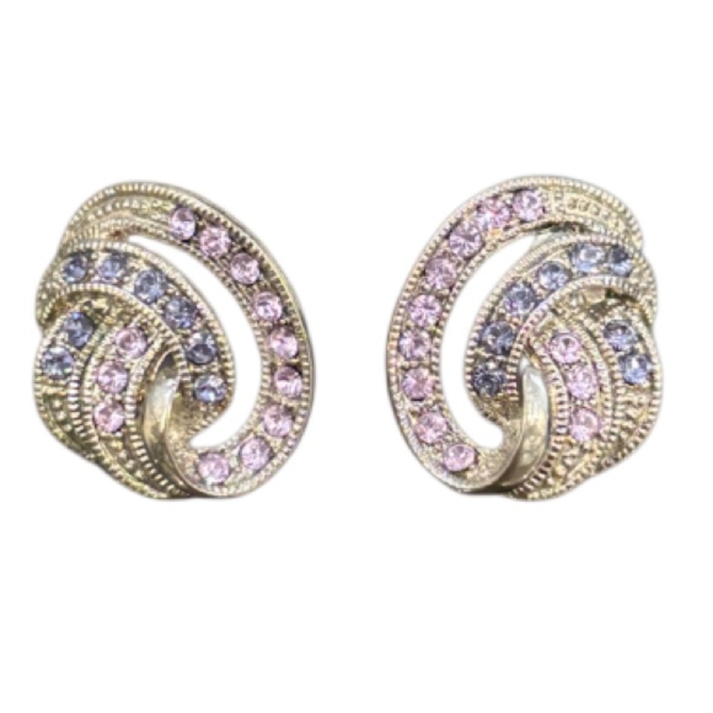 Vintage Earrings Sparkling Pink Purple Crystal Cubic Zirconia Formal Swirl Knot - Picture 8 of 16